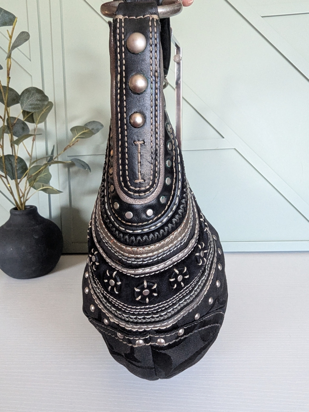 vintage Coach Soho Black Signature Studded Hobo Bag - Gem